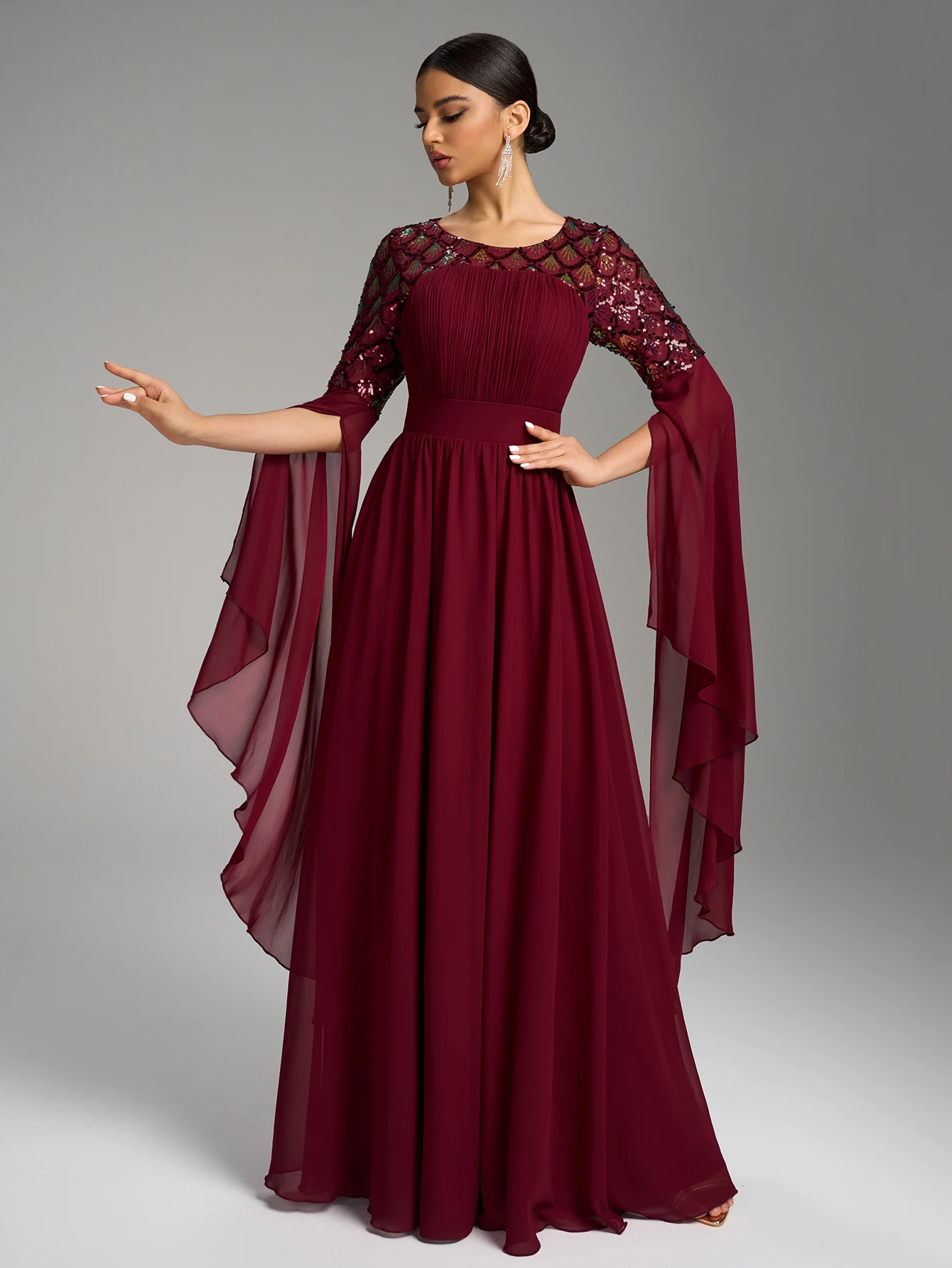 UNITHORSE جولة الرقبة أعلى مطوي جرس الكفة كم طويل الترتر لصق الشيفون الطابق طول مساء اللباس