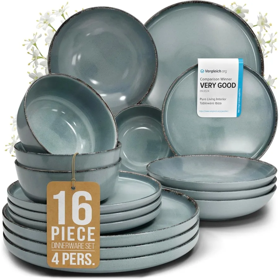 

Stoneware dinnerware set for 4 persons with rustic design 16 pieces including bowls and plates dishwasher safe ideal for casual