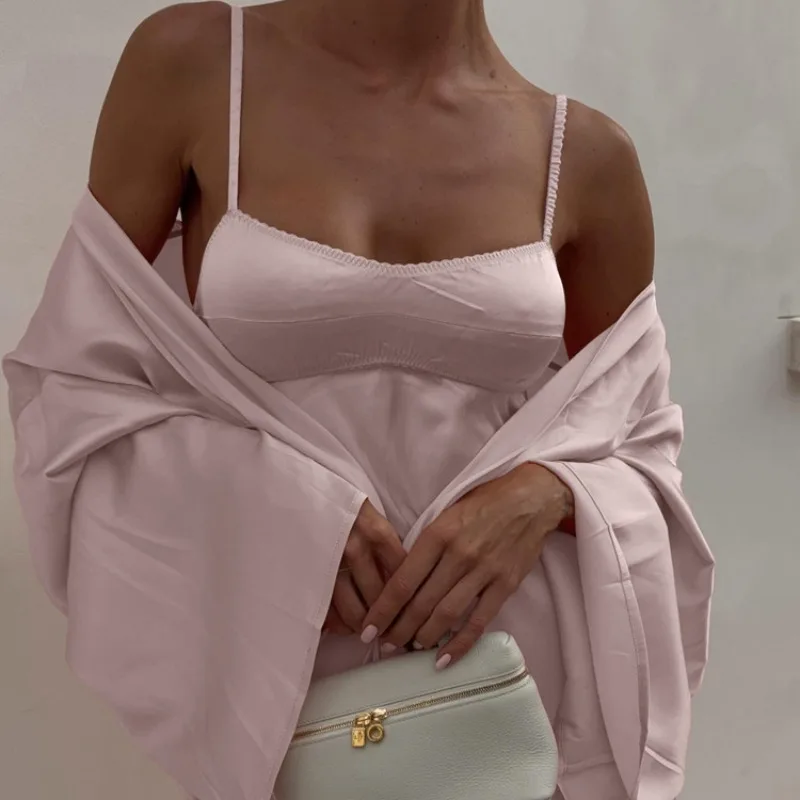 Damen Satin-Seiden-Loungewear-Set, 2-teilig, elegant, 2026 Neu, Robe mit Bindegürtel, Kimono-Cardigan + Cami-Maxikleid, Homewear – Detail 20