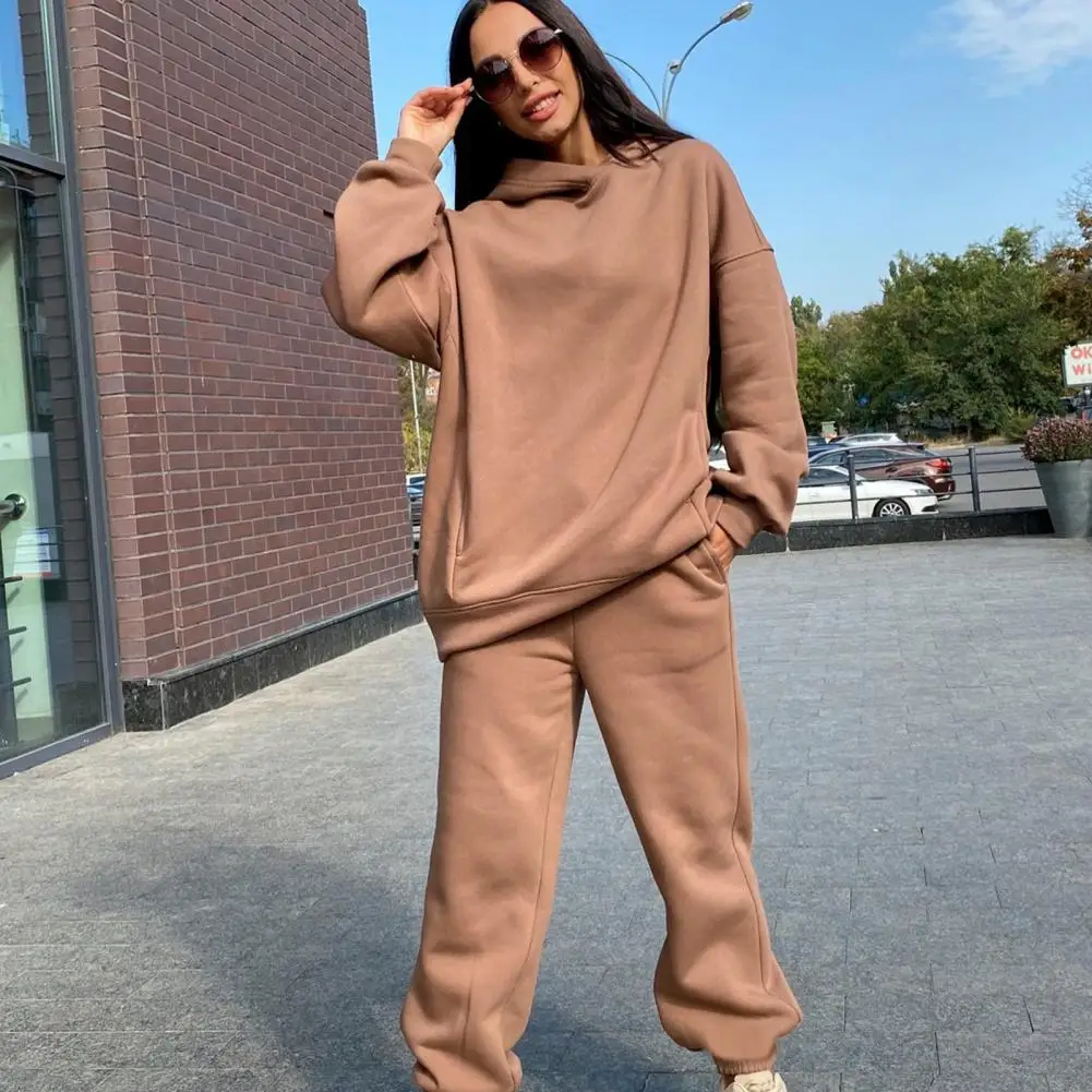 Trendy Lady Hoodie Pants Set Sporty Winter Hoodie Pants Set Elastic Waist Deep Crotch Women Autumn Tracksuit Thermal