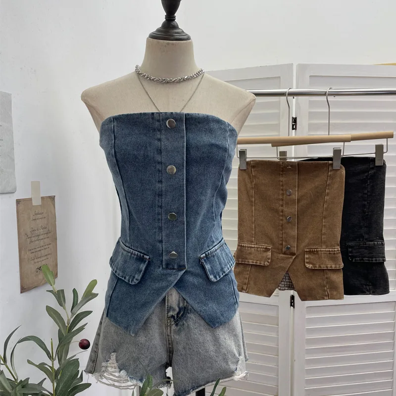 Fake Pocket Strapless Denim Top Women's Single-breasted Cropped Chest Wrap Vest