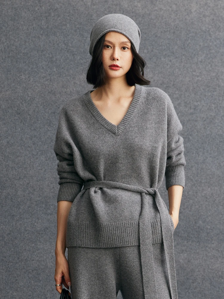 

High Quality Women's Basic V-Neck Pullover Long Sleeve Knit Autumn Winter Sweater 100% Cashmere Loose Clothing Thicken Warm Top