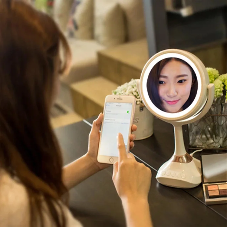 2025 New Led Mirror with Bluetooth Speaker Light Touching Screen Maquillajesoriginal Desktop Round Led Makeup Mirror