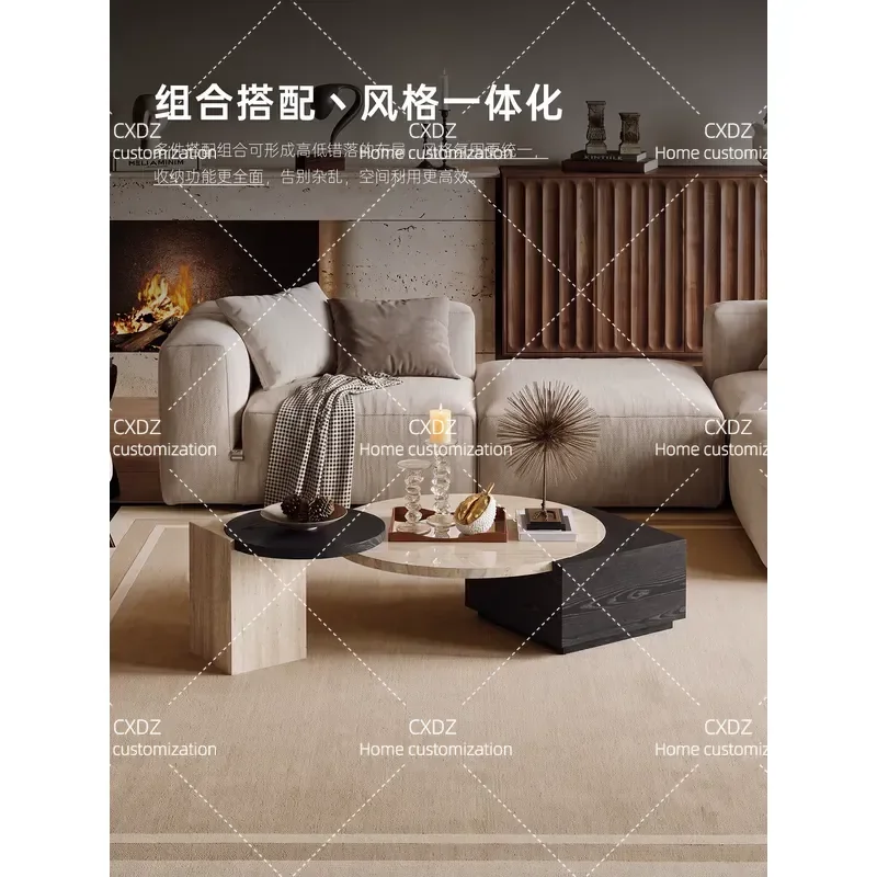 Wabi Sand Wind Simple Marble Coffee Table Small Apartment Creative Living Room Advanced Round Coffee Table Combination