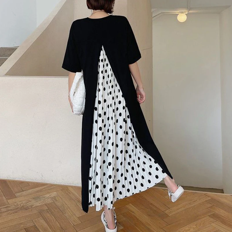 패션 느슨한 접합 인쇄 된 편지 접기 폴카 도트 캐주얼 드레스 여성 의류 2025 여름 새로운 가짜 두 조각 미디 드레스