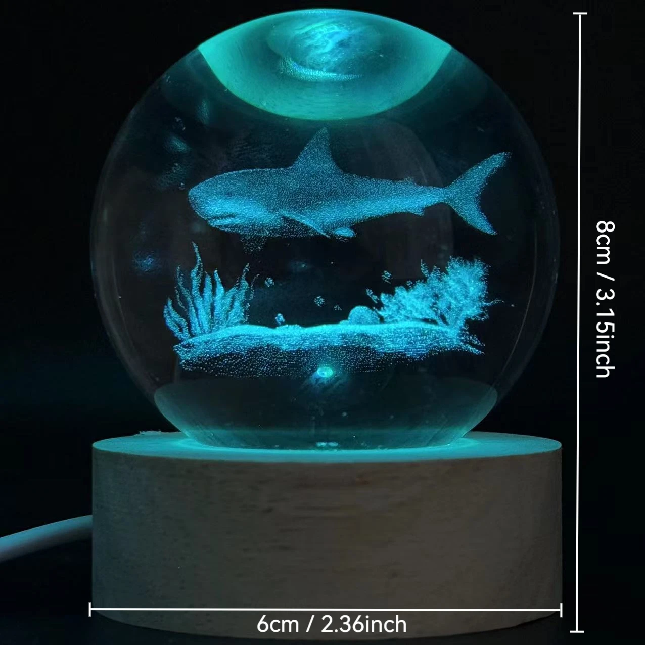 1pc 3D Ocean Shark Crystal Ball Color Laser carved nightlight, holiday gifts, for friends, colleagues, wife, parents, Christmas,