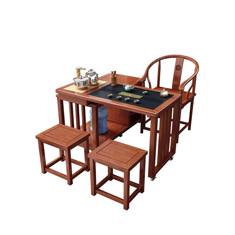 

New Chinese solid wood rotating tea table full set, balcony mobile Kung Fu tea table, rubber wood integrated tea table and cha