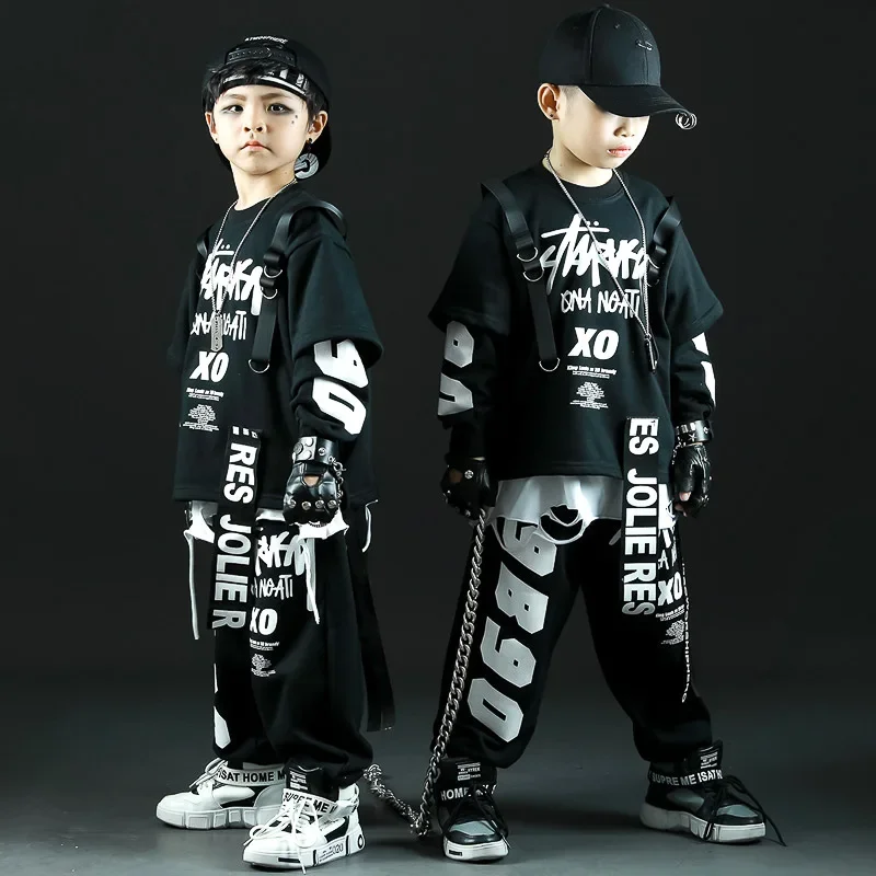 Children Hip Hop Dancer Clothes Boys Girls Sets Ribbon Pullover Sweatshirts Cargo Track Pants Kids Tracksuits Costumes