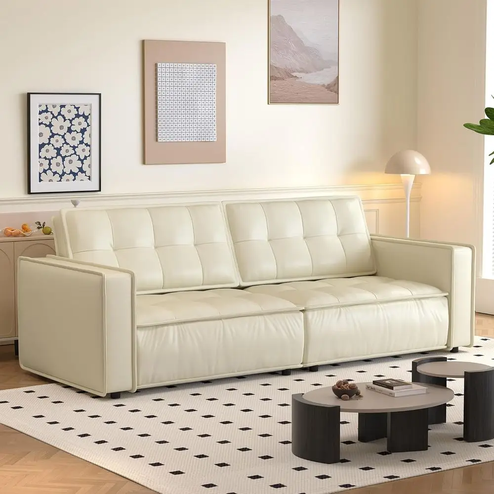 

95.2 Wide Cream Leather Sofa for Living Room and Bedroom, Stylish Comfort for Small Spaces