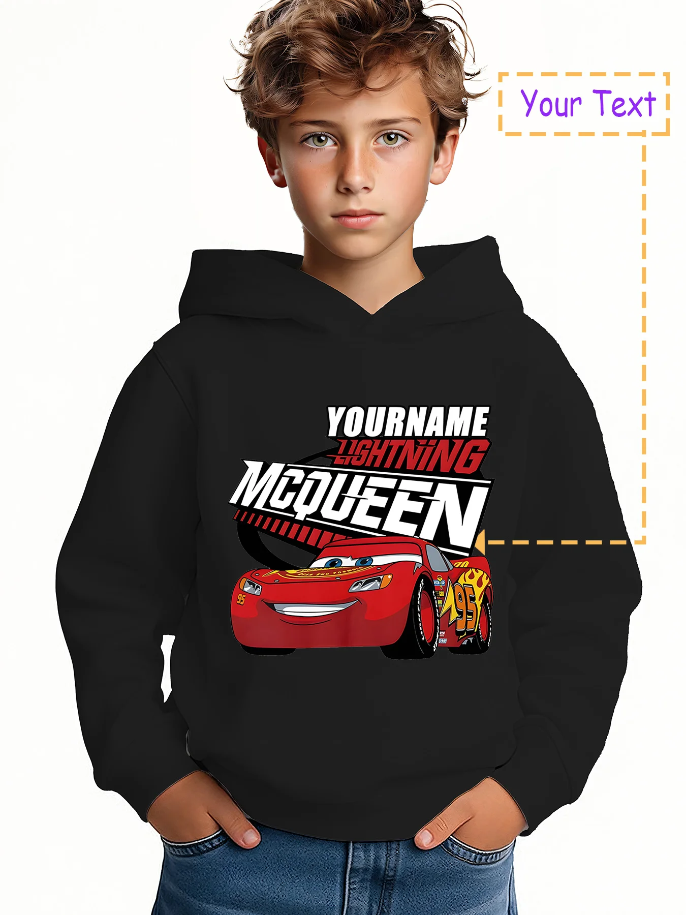 

MINISO Lightning McQueen custom boys' hoodie—customizable with your name for a truly exclusive look. Whether it's for school