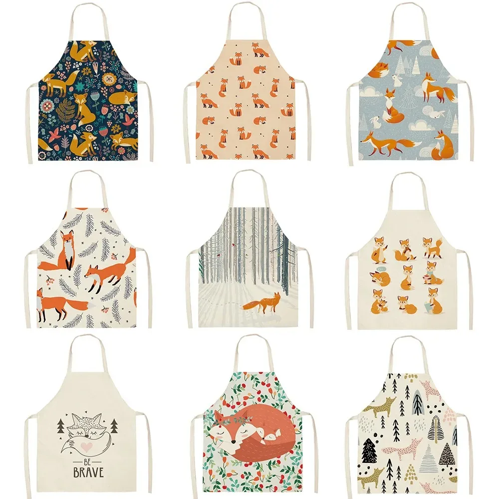 Cute Fox Cat Pattern Apron Women Men Children's Cooking Oil-Proof Kitchen Cooking Bib Apron Cotton Linen Home Textile