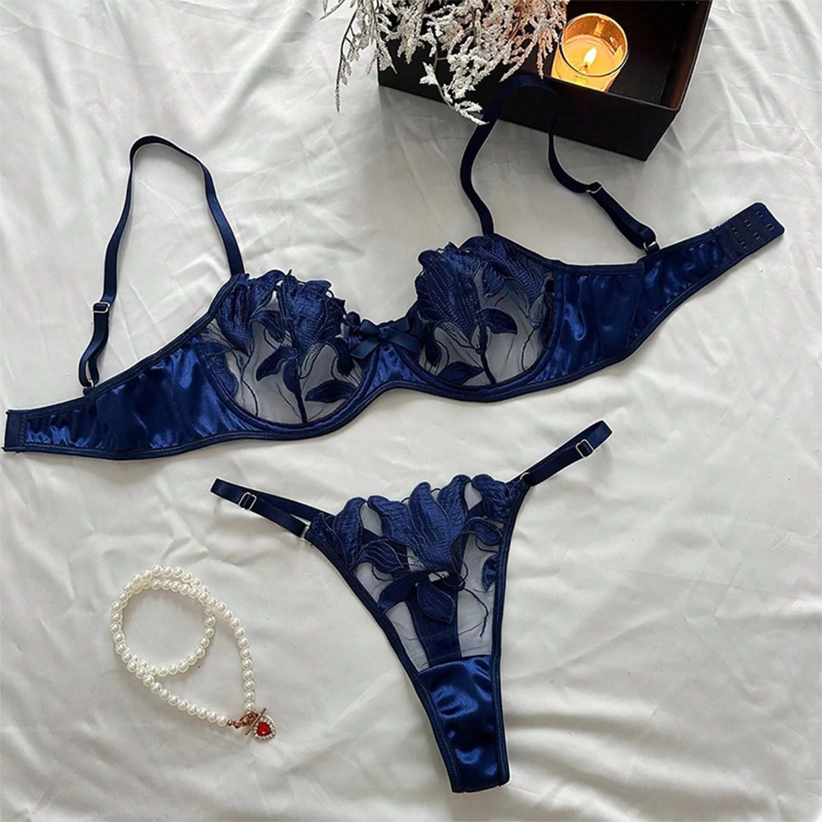 2-Piece Heart Embroidery Exotic Bra +Panty Underwear Set Women Sheer Bow Lingerie Set Sexy Intimates Woman Outfit Sleepwear