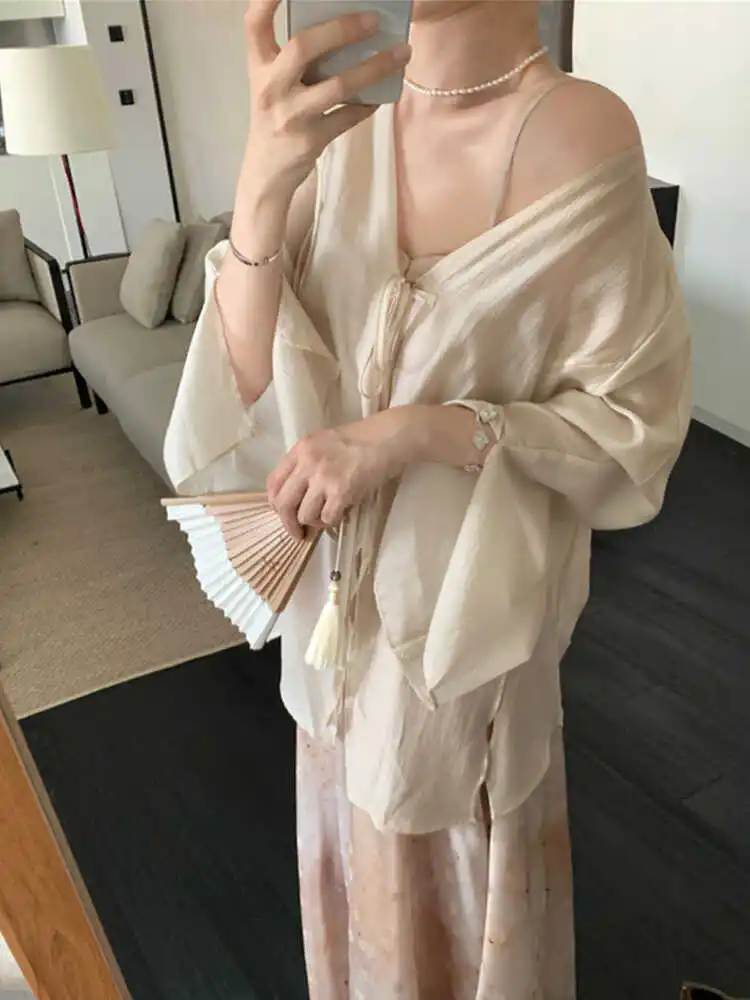 

Women's Summer New Chinese Style Loose All-Match Outerwear Sunscreen Sheer Cardigan with Strap Skirt Thin Chiffon Top