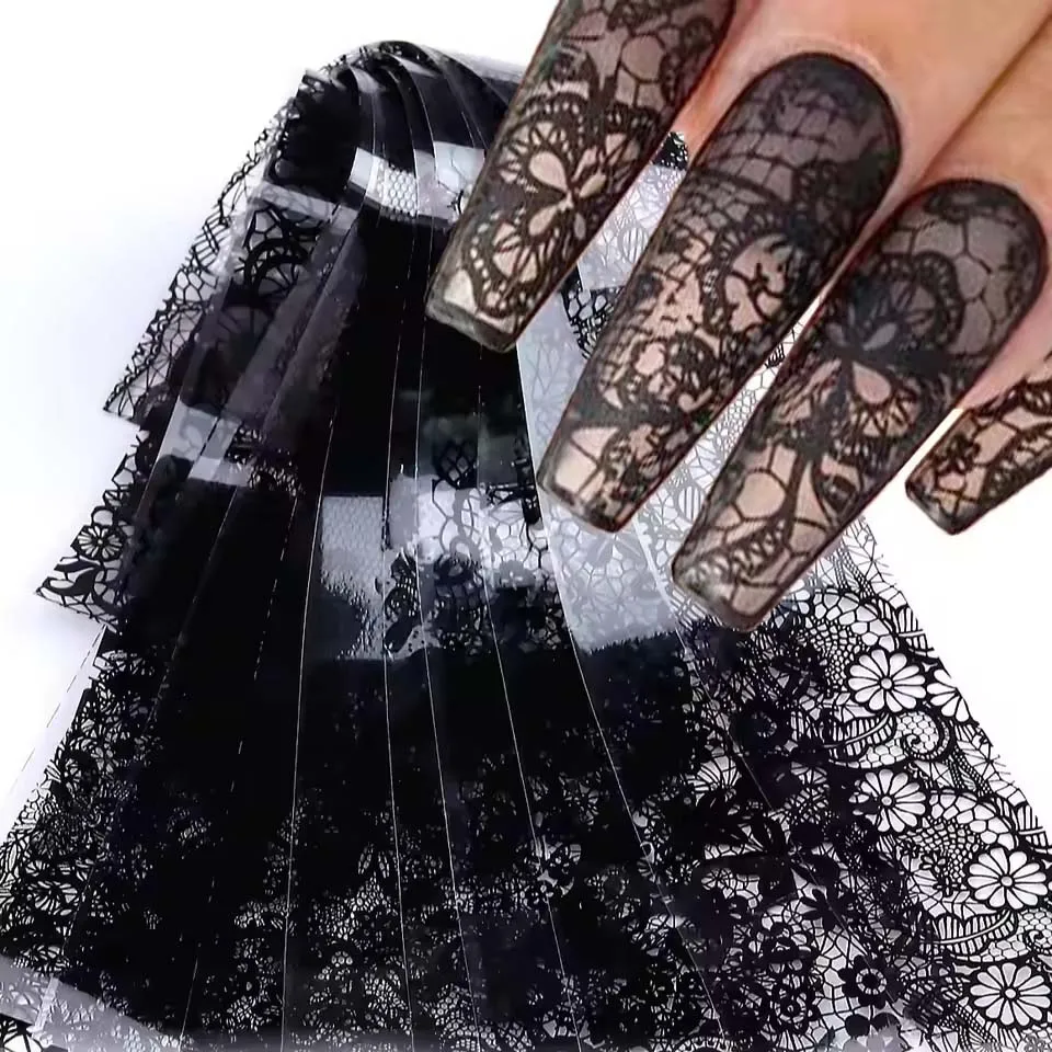 10 Folhas de Adesivos de Unha com Renda Branca e Preta, Folhas de Transferência para Design de Unhas, Decalques de Papel com Efeito Céu Estrelado para Salão de Beleza