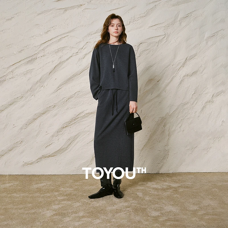 TOYOUTH Women Fleece Casual Set 2026 Winter New Loose Crew Neck Sweatshirt Straight Slit Midi Skirt Two Piece Outfit