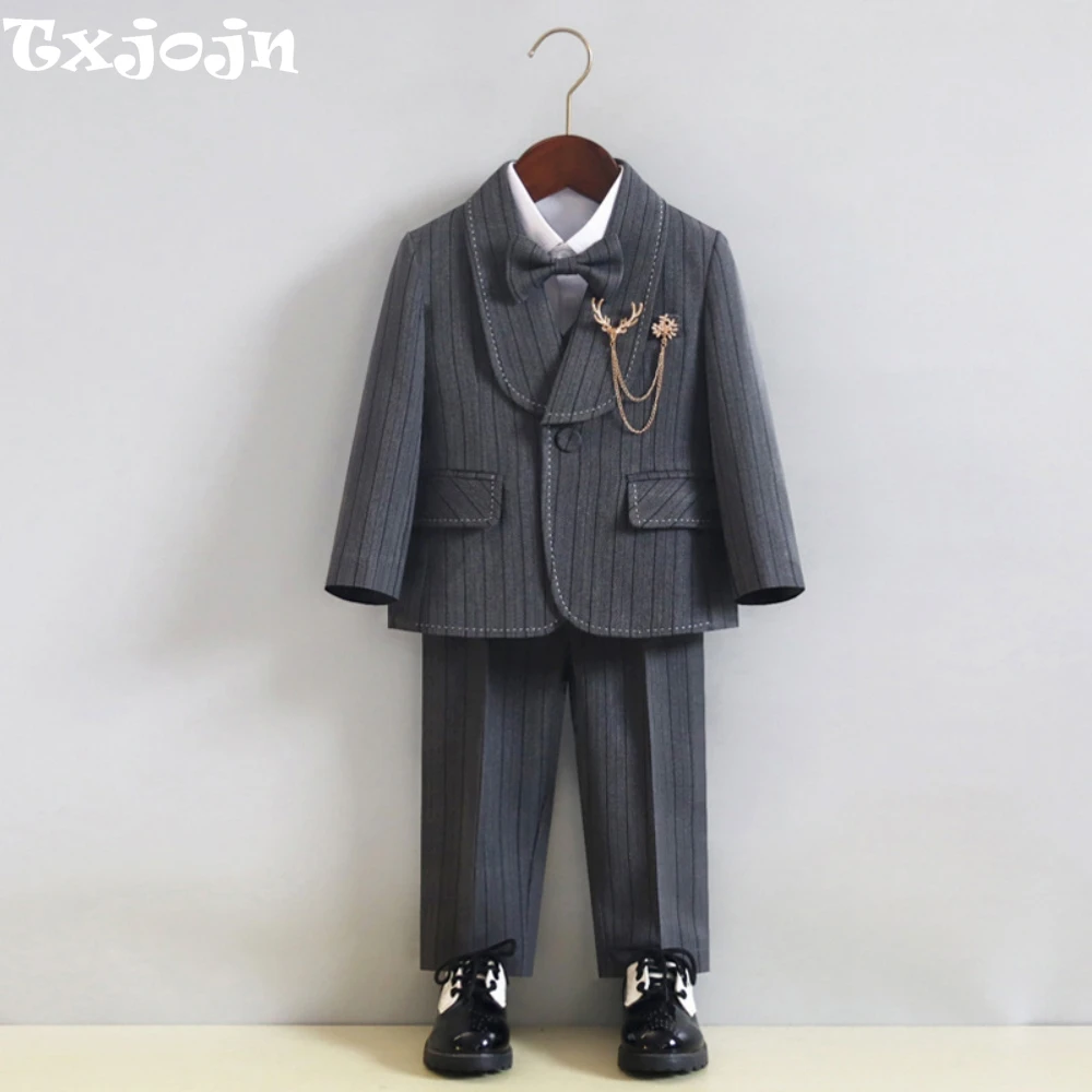 

Boys High Quality Striped Suits 5 Pieces For Birthday Party Stylish Shawl Lapel Kids Tuxedo Wedding Guest Wear Elegant Suit Set