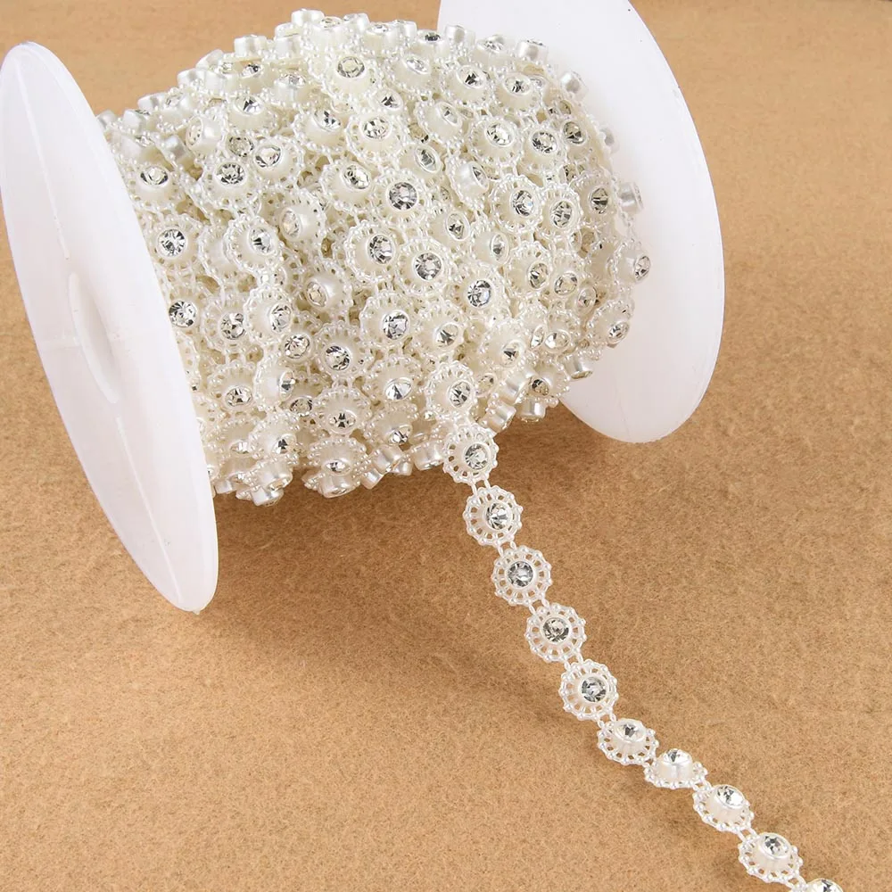 1Yard 10mm Width ABS Flatback Imitation Pearl with 5mm Round Rhinestone Chain Sewing Trim Lace Wedding Clothes Cake Decoration