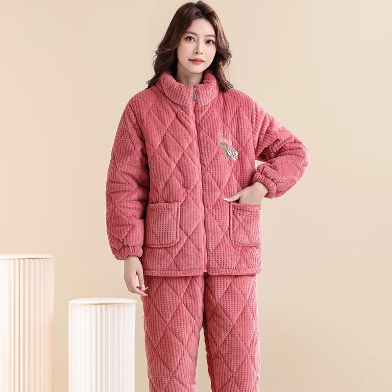 Female Winter Warm Pajama Set Sweet Lovely Three-layer Thick Coral Fleece Sleepwear With Zipper Home Wear Clothes Suit for Women