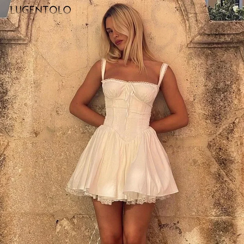 Sexy Suspenders Dress Women Summer Solid Slim Waist Pleated Hotsweet Low-cut Thin Strapless Elegant Lace Patchwork Mini Cloth