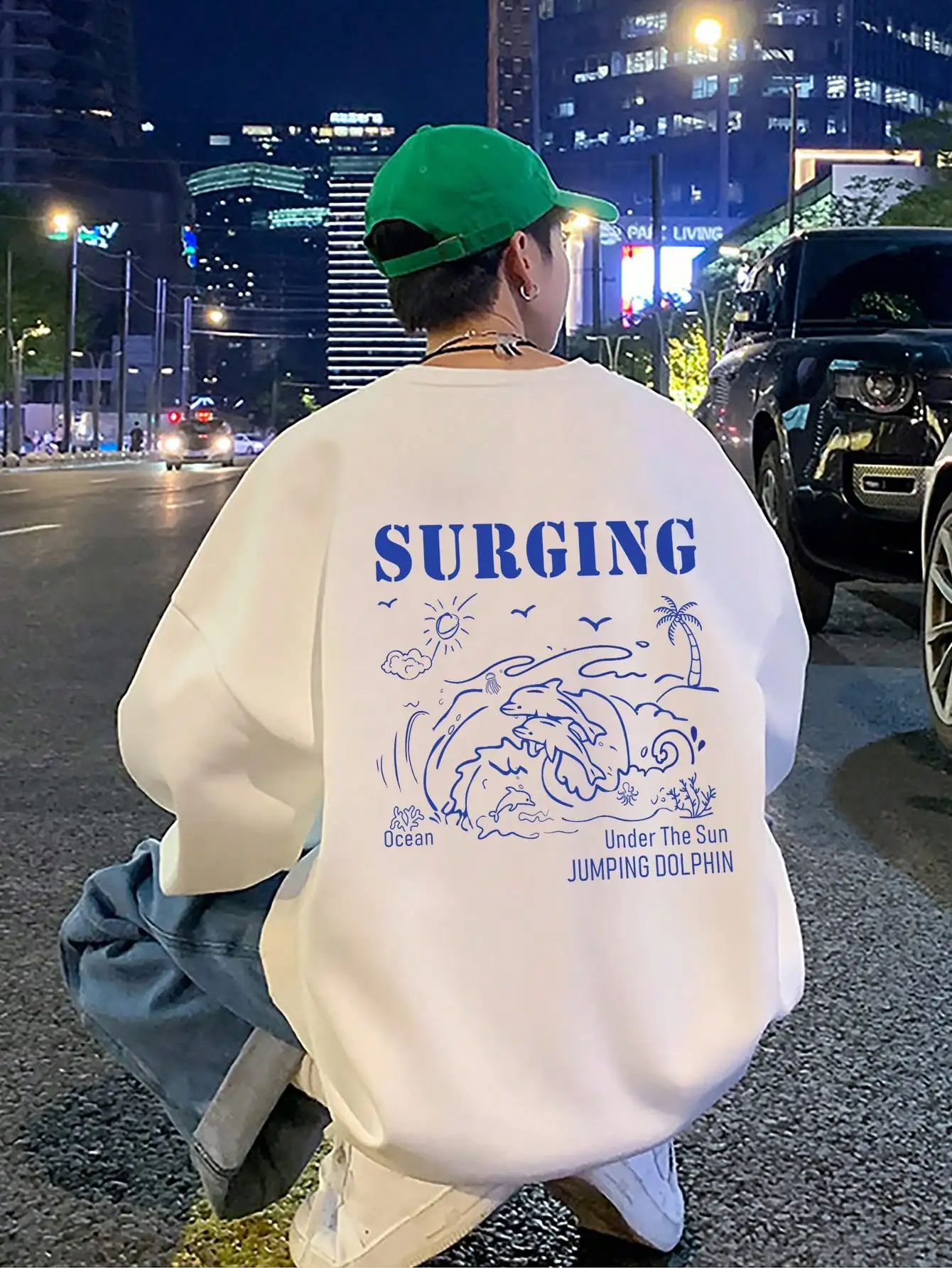 

Surging Wave Fish Coconut Tree Harajuku Prints Mens Hoodie Autumn Street Clothes Crewneck All-Match Sweater Comfortable Tops