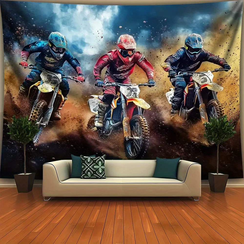 Motocross Racing Action Tapestry Extreme Sports Wall Art Adrenaline Motorcycle Decor Dirt Bike Riders Print Gamers Room Man