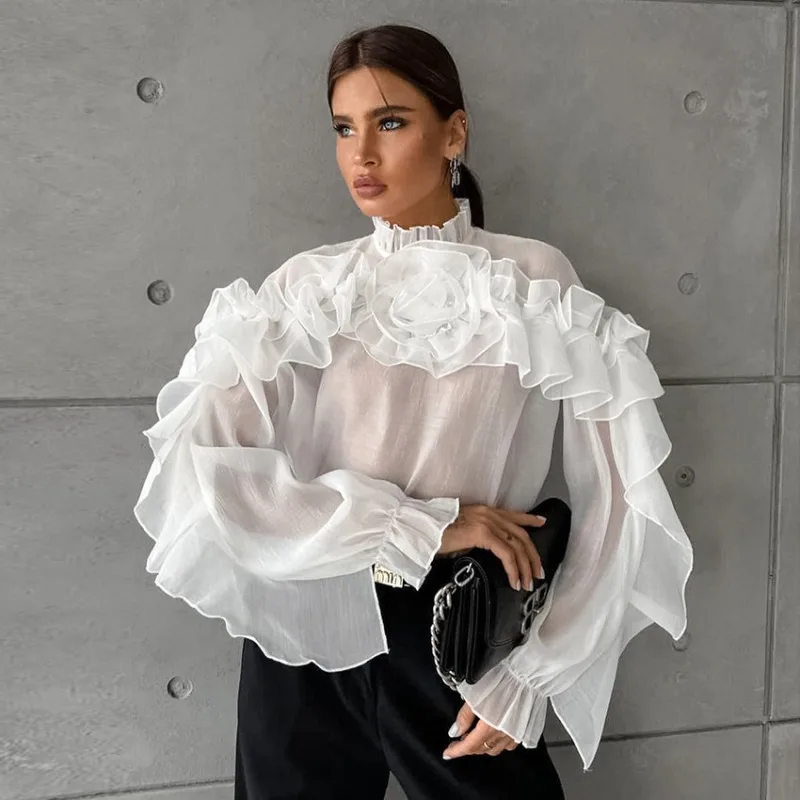 

Women's Spring Autumn Tops Shirt Pullover Ruffle Solid Color Standing Collar Net Yarn Vintage Simple Casual Soft Niche Skinny