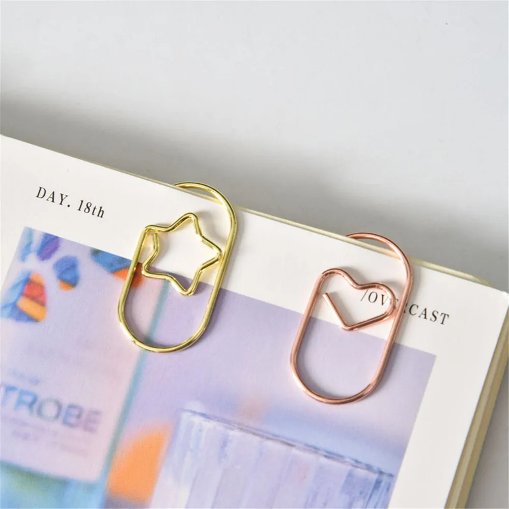 20Pcs/Bag Cute 12*18*38mm Heart Gold Rose Color Clip Bookmark Metal Office Accessories Paper Clips Patchwork Clip Stationery