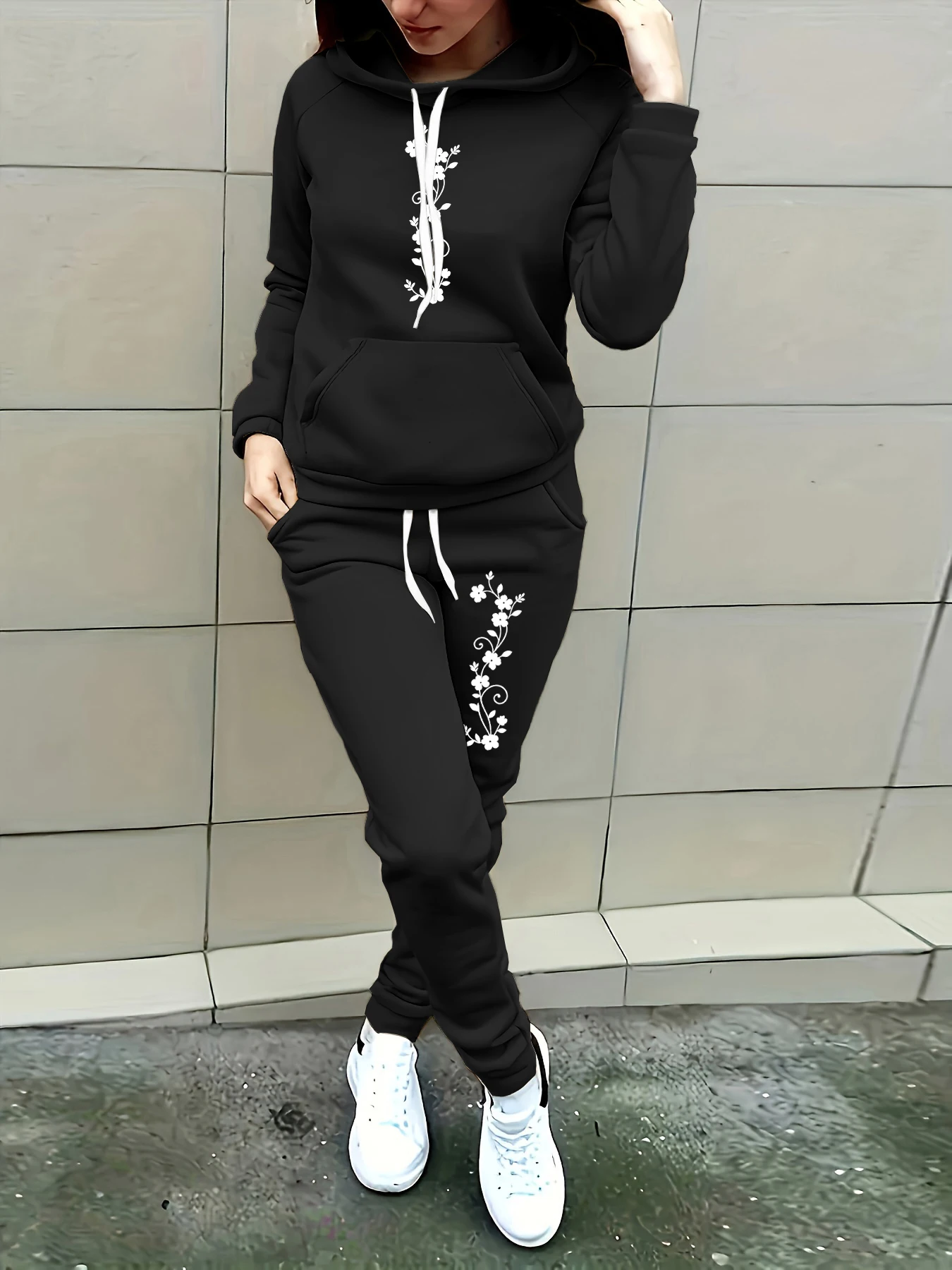 Unique Design Style with Floral Print, Women's Loose Oversized Hoodie, Essential for Autumn and Winter, Fleece-Lined and Thickened Hoodie, European and American Fashion for Couples, Long-Sleeve Regular Fit, Machine Washable, Durable and Warm, Comfortable, Casual Versatile Item for Women, Structured and Durable, Warm and Comfortable, Perfect for Girls' Gatherings, Practical and Beautiful Hooded Design, Sweatshirt and Jogger Pants Two-Piece Set, Women's Clothing