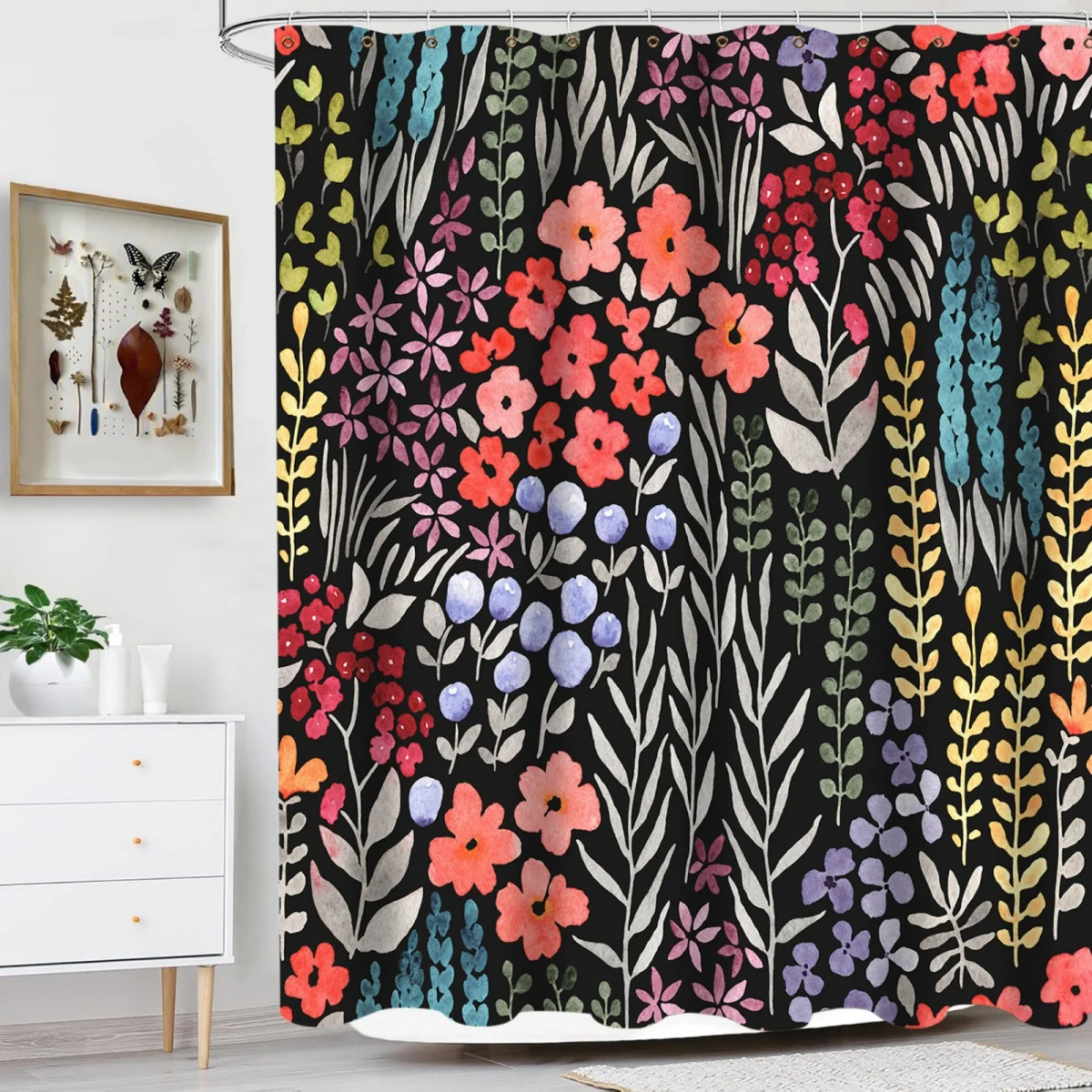 Spring Flower Shower Curtain Fabric Multi-color Plant Leaves Bathroom Shower Curtain Set with Hooks 180x180cm