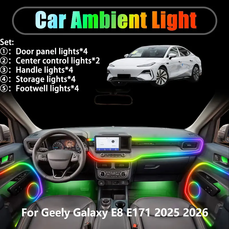 

Для Geely Galaxy E8 E171 2025 2026 2/18 в 1, автомобильное окружающее освещение, светодиодный багажник, внутренние светодиодные фонари, USB RGB, ансамбль, стример, авто