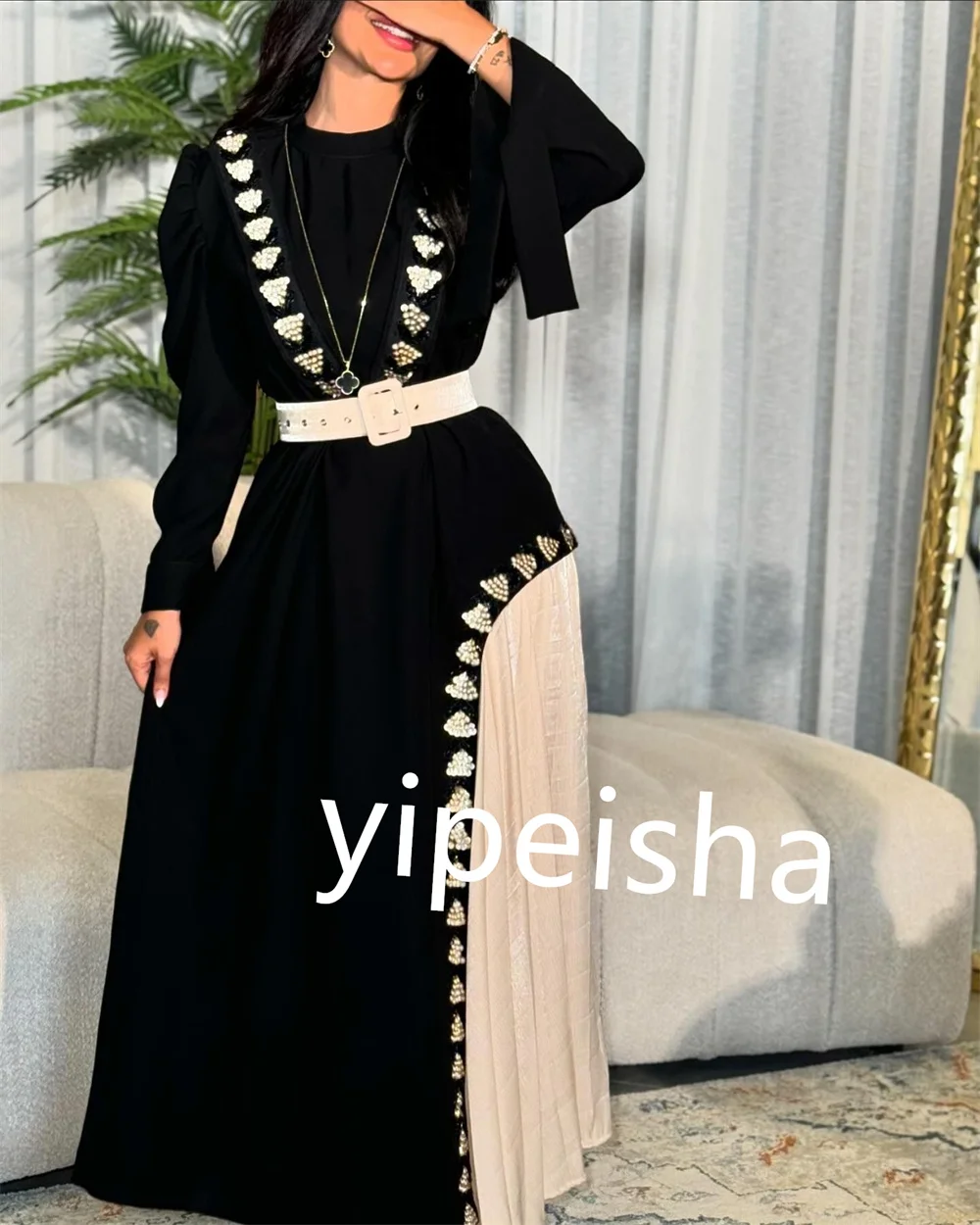 Customized Unisex Chiffon Sequined Pattern Sash Ruched Rhinestone A-line O-Neck Midi Dresses Exquisite Chinese Style High Qualit