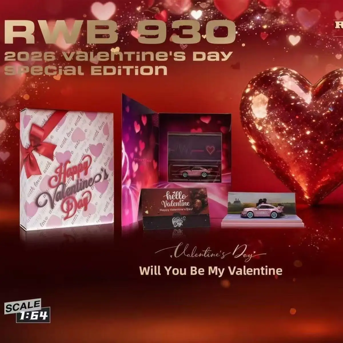 MM Model 1/64 GT Wing Valentine's Day RWB 930 Limited Edition Alloy Car Die Casting Model Collection Model Christmas Gift