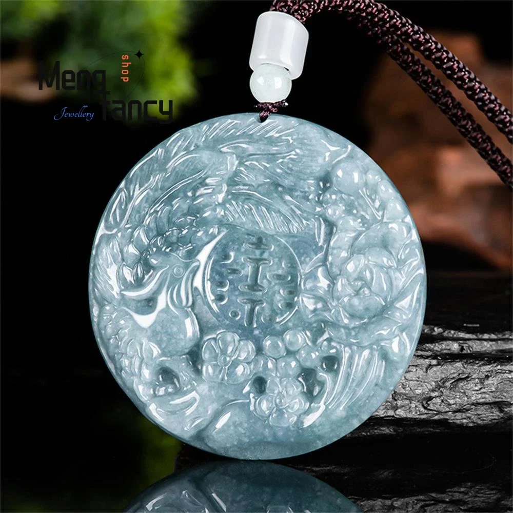 

Natural A-goods Jadeite Blue Water Phoenix Peony Glutinous Seed Jade Pendant Exquisite Handicraft High-grade Fashion Jewelry