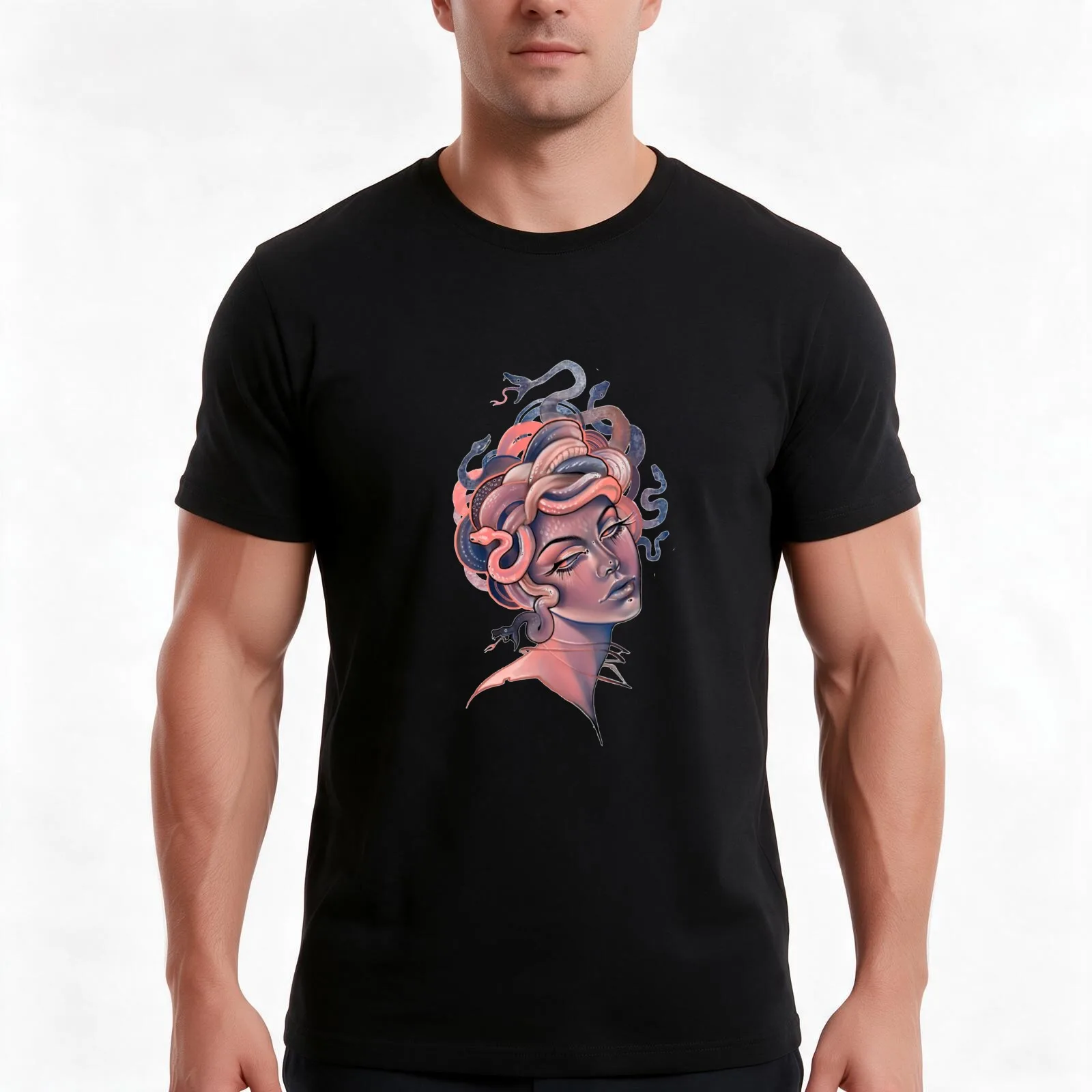 Coral and blue Medusa portrait T-Shirt, Summer Casual Cotton Tee, Oversized Streetwear Tops, Vintage Graphic Print, 100% Cotton