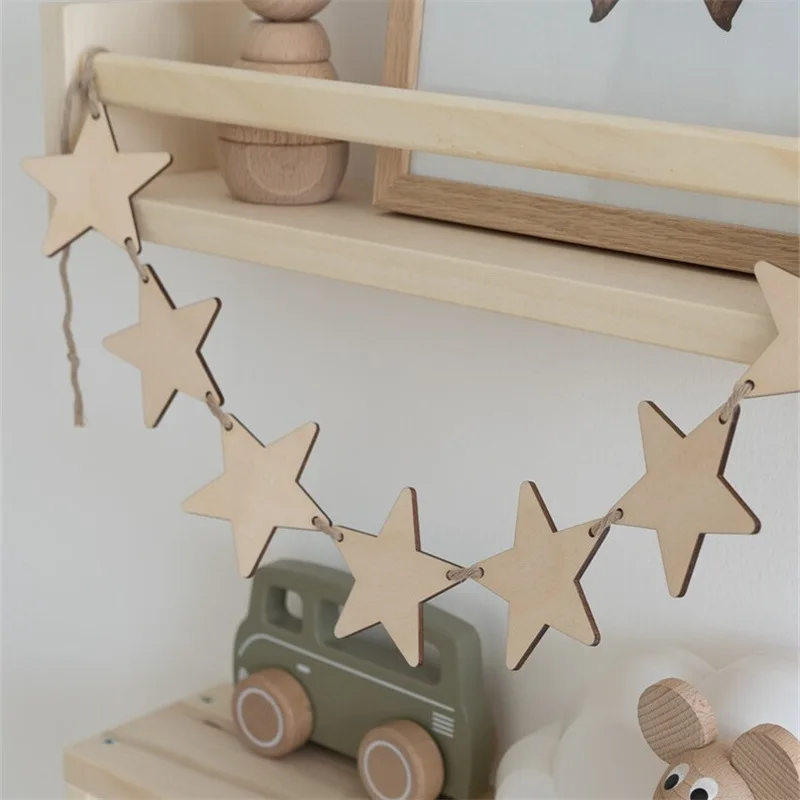 INS Nordic Wooden Stars Garland Wall Hanging Ornaments Baby Shower Pull Flag Party Bunting Banner String Kids Room Nursery Decor