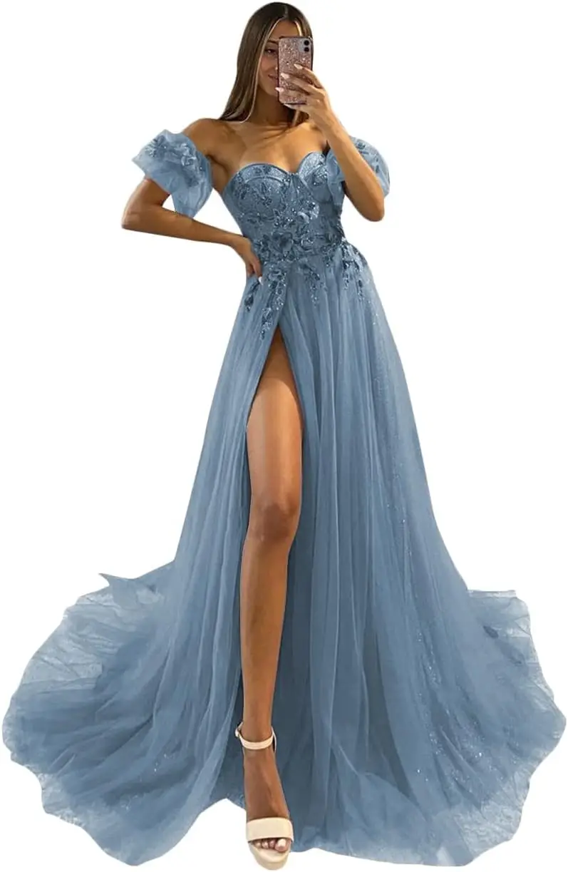 

3D Flowers Prom Dress for Women Tulle Off The Shoulder Long A-Line Formal Party Gowns with Slit