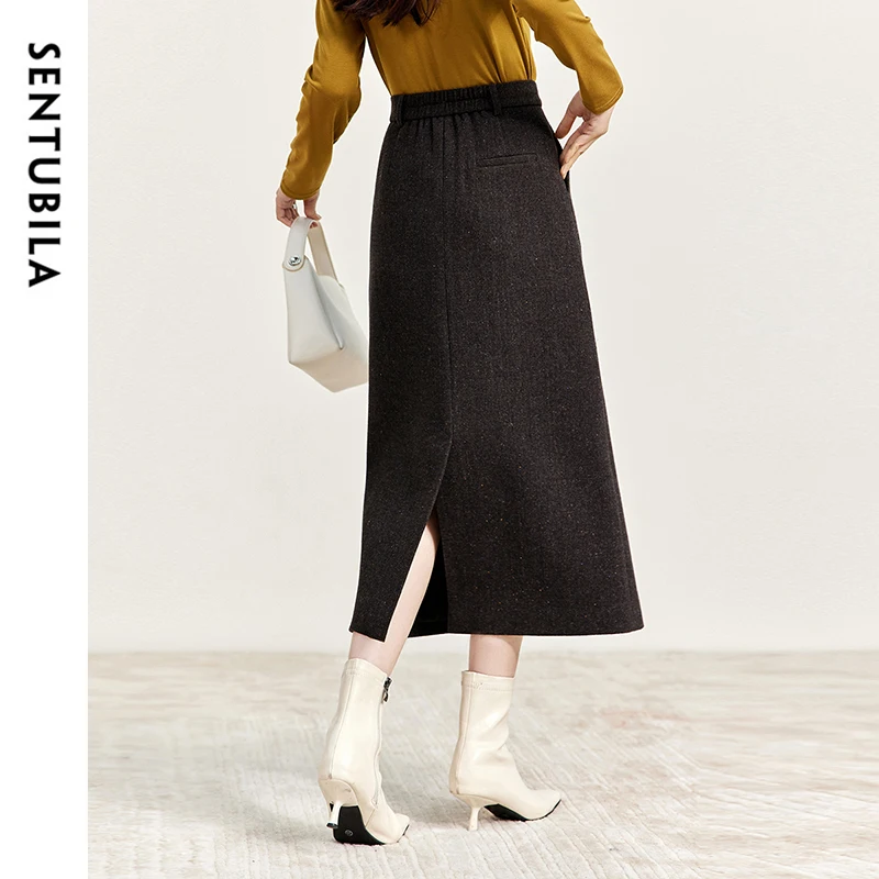 SENTUBILA Straight Wool Skirt Women 2024 Winter Vintage Elegant Tweed High-waist Slit-hem Temperament Long Skirts 144Q56942