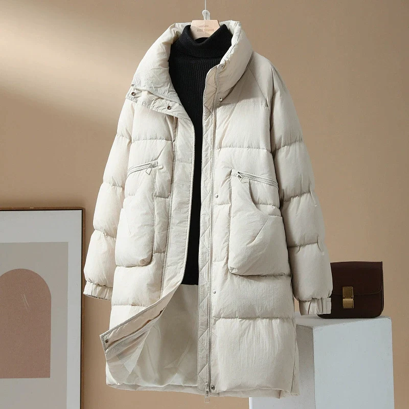 Schinteon feminino pato branco para baixo jaqueta longa gola outono inverno quente grosso outwear estilo coreano casaco 2025 nova moda