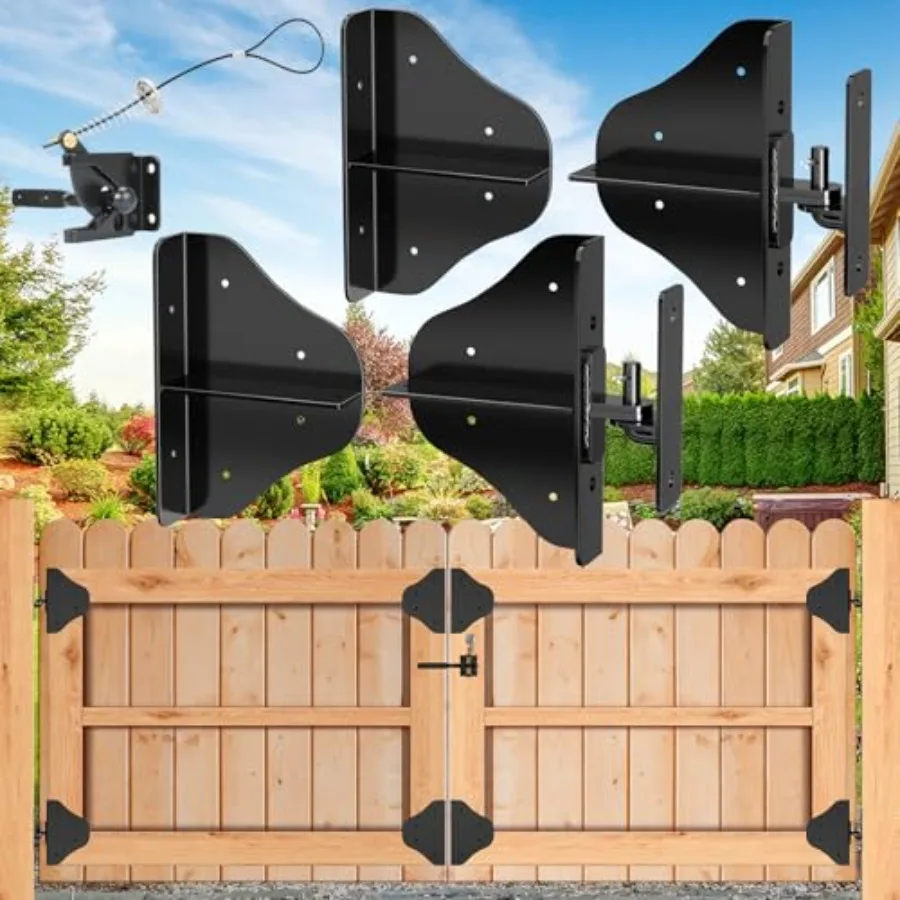 

Garden fence wood gate hardware kit: heavy duty steel black anti-sag right angle hinges with self-locking latch and corner brac