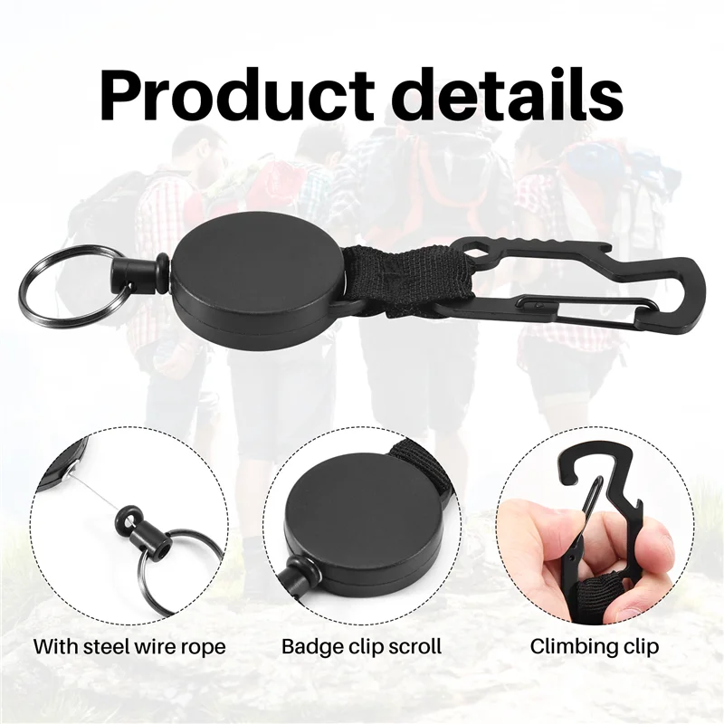 A68Z 3 Pack Retractable Keychain - Heavy Duty Badge Holder Reel With Multitool Carabiner Clip,Key Ring With Steel Wire Cord Up T