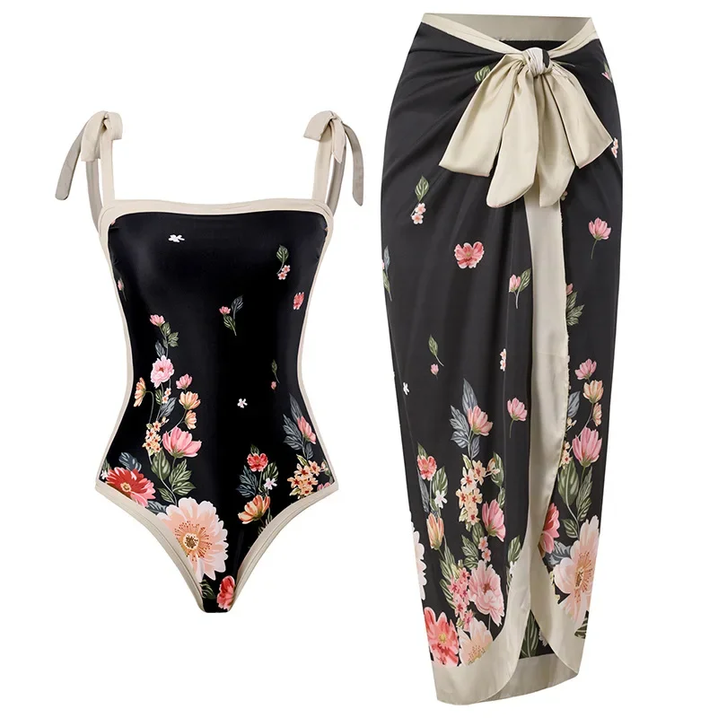 Luxury Elegant Flora Print Bikini Sets Swimsuit & Skirt Asymmetrical One Piece Swimwear Female Cover Up Brazilian Bathing Suit