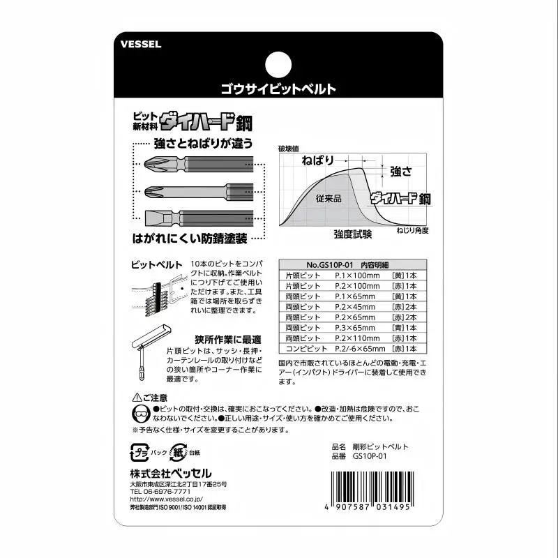 VESSEL GS10P-01 10-Piece Screwdriver Bit Set - 1/4 Inch Hex Shank Magnetic Bit, for Phillips & Slotted Screws (DIY/Home Repair)