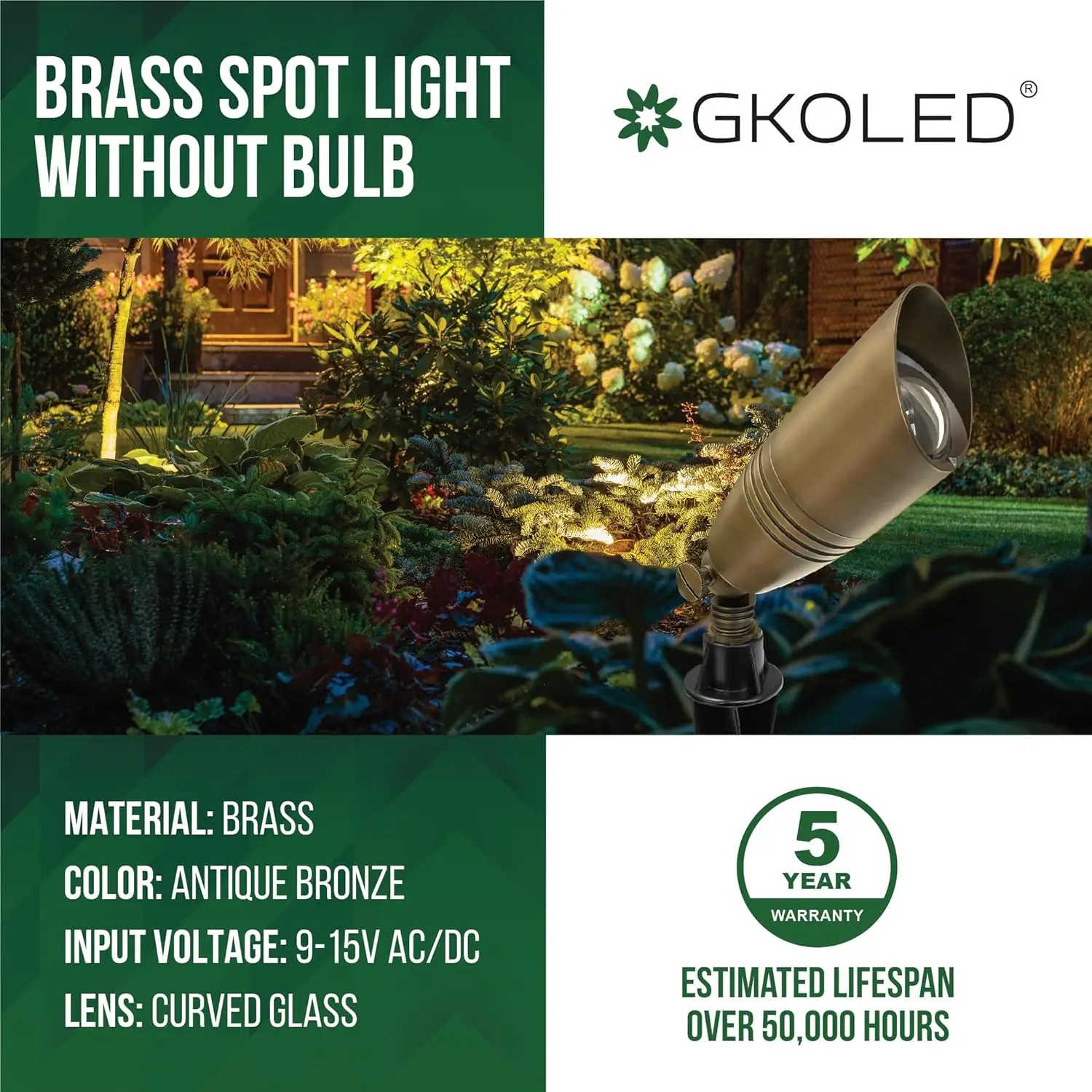 12-Pack Solid Brass Landscape Spotlight, 12V AC/DC Low Voltage Landscape Lights, Outdoor Directional LED