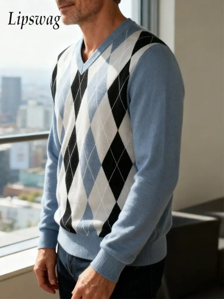 

Повседневный мужской вязаный свитер, осень-зима, винтажный лоскутный вязаный джемпер, топы, мужские стильные вязаные свитера с v-образным вырезом