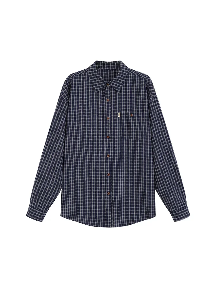 Women Vintage Plaid Loose Fit Drop Shoulder Shirt Casual Relaxed Spring Layered Button-Up Blouse Stylish Oversized Style Top