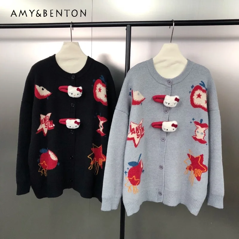 

Fun Cartoon Jacquard Stylish Sweater Coat New Design Sense Unique Design Fashion Loose Knitted Cardigan Single-breasted Knitwear
