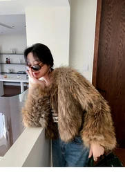 Nueva moda, abrigo cálido de piel de mapache Natural auténtica, chaquetas gruesas tejidas para invierno para mujer, abrigos de lujo para mujer, prendas de vestir exteriores