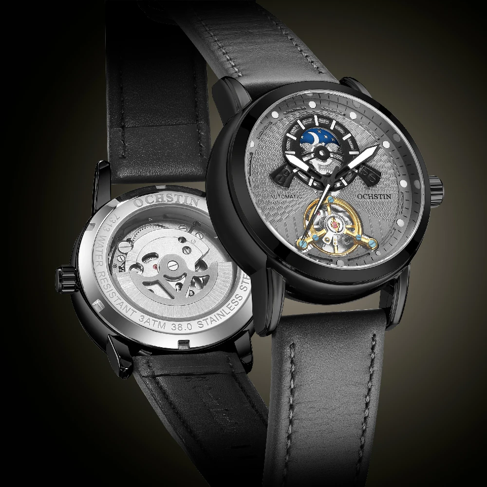 

Мужские автоматические часы OCHSTIN, винтажный дизайн, механический турбийон, скелетонизированный циферблат, индикатор 24-часового формата AM/PM, кожаный ремешок, наручные часы для мужчин.