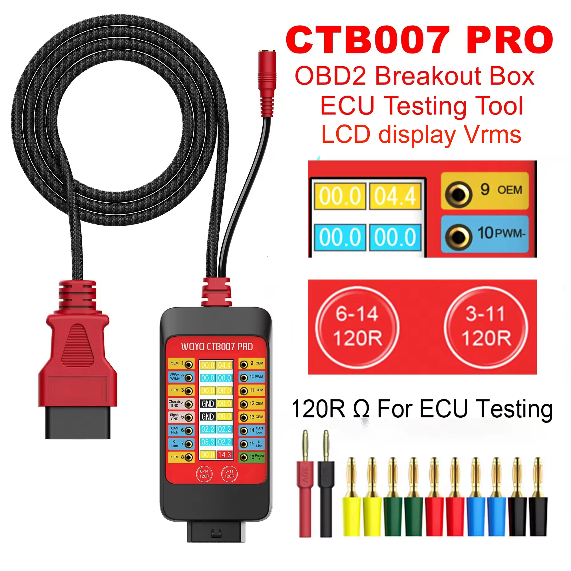 Caja de prueba CAN con interruptor incorporado de 120Ω para herramienta de prueba de ECU en el banco, detector de protocolo Vrms digital de 16 pines, caja de ruptura OBD2