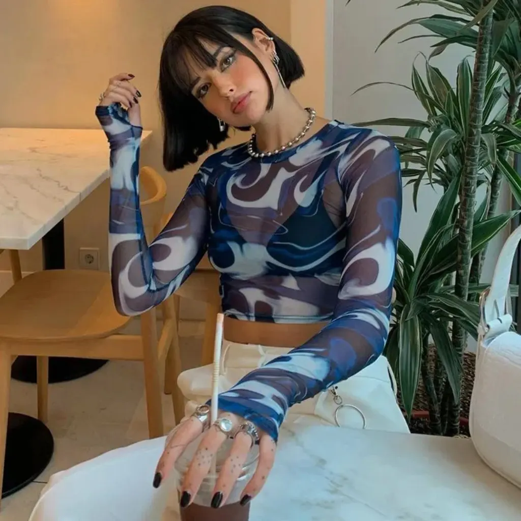 

Women's round Neck Pullover Long Sleeve Printed Top Casual Spring Fashion European American Style Navel Finger Design